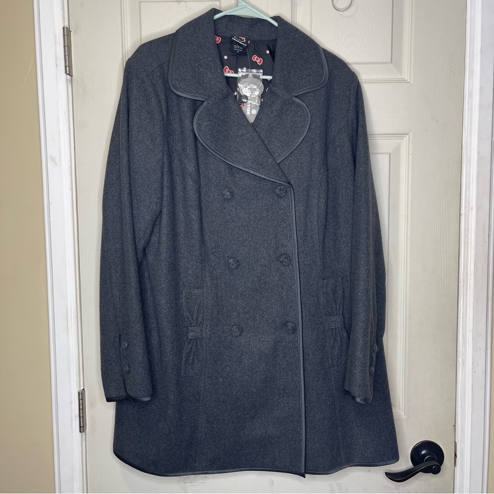 Hello Kitty x Torrid Gray Wool Blend Pea Coat Polka Dot Bow Lining Womens Sz 2